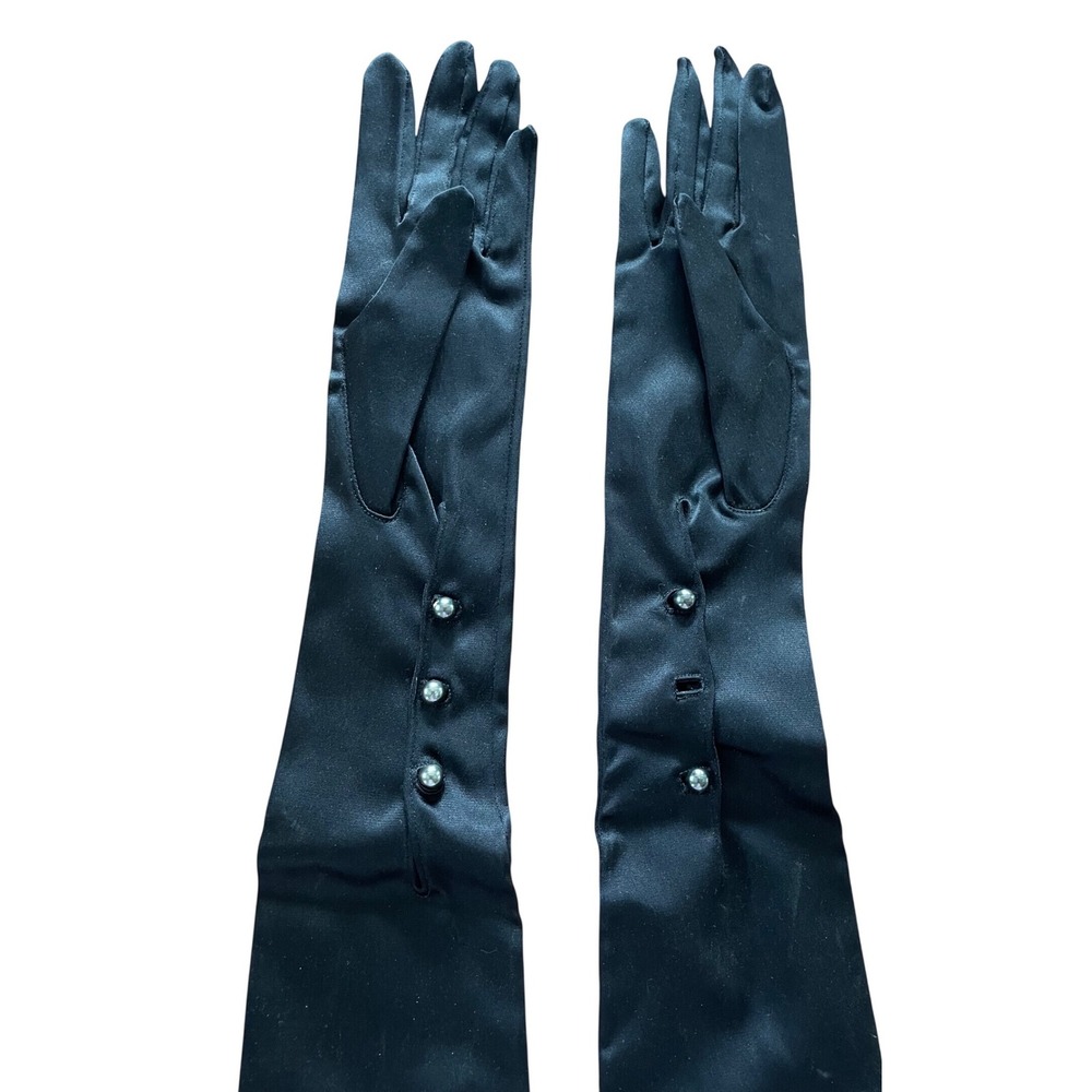 Vtg 1950s Macys Whitney Mousquetaire Opera Gloves Black Satin Mid Century Italy